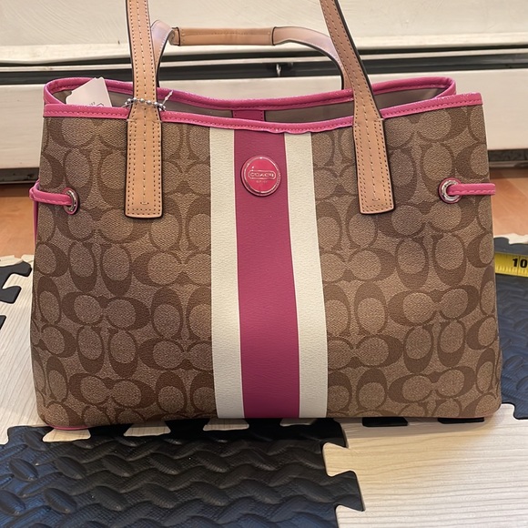 Coach Pink Stripe Brown Signature Coated Canvas Carryall Tote Bag F22908 NWT - Picture 15 of 16